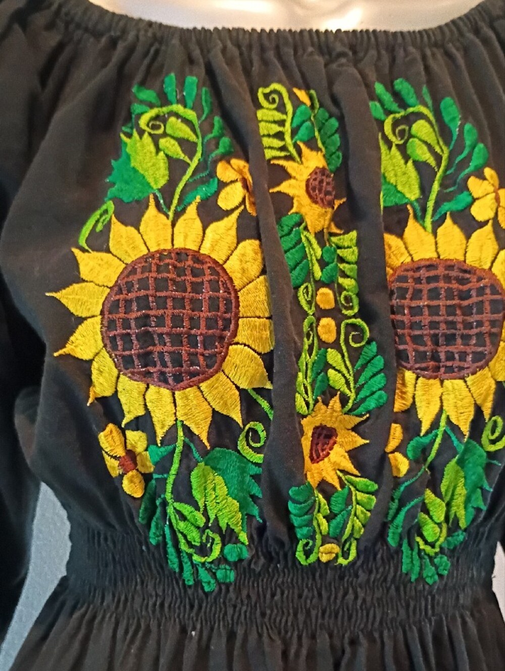 Sunflower Artisan-Embroidered Boho   Black Cotton Mini Dress Sz Med - Picture 6 of 12